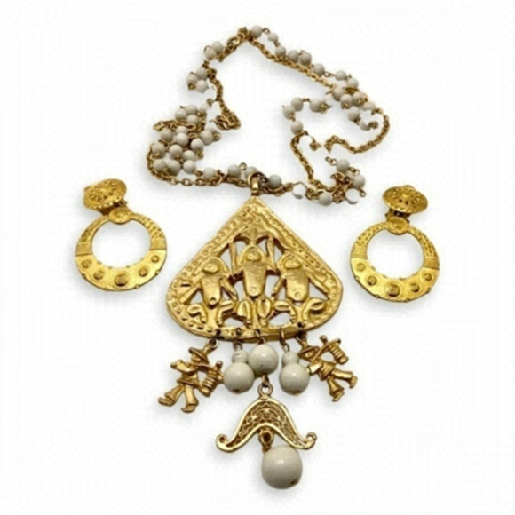 VINTAGE Byzantine Inspired Asian Goldtone Chinamen Beaded Earrings Necklace - Picture 1 of 7